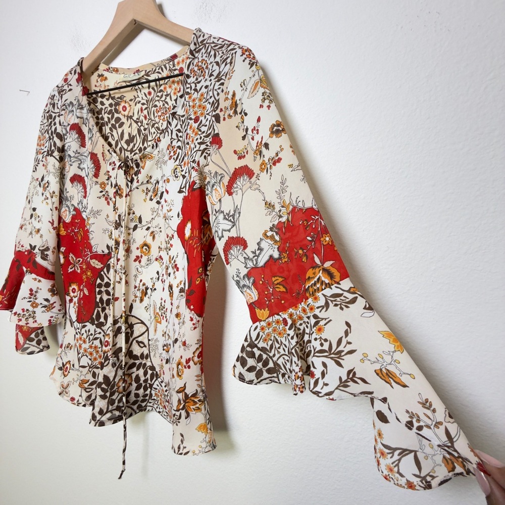 VTG‎ 90s Women Fairy Grunge Boho Top Large Patchwork Western Bell Flare Sleeve - Picture 5 of 12